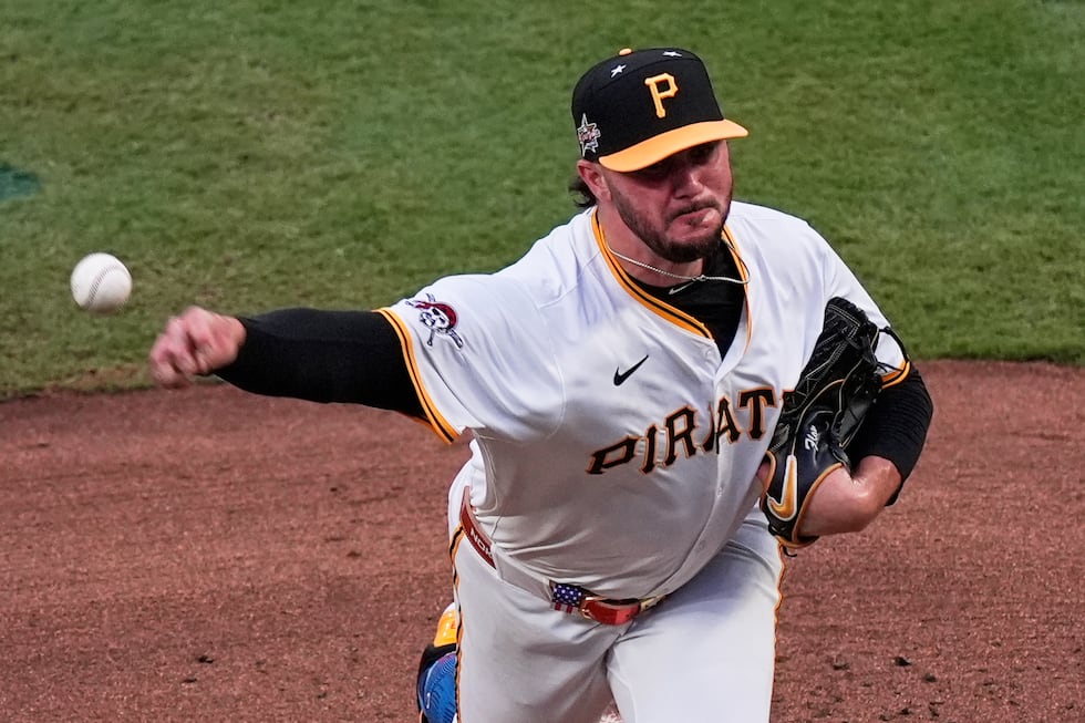 Pittsburgh Pirates ace Paul Skenes, formerly of LSU, throws during his scoreless first inning...