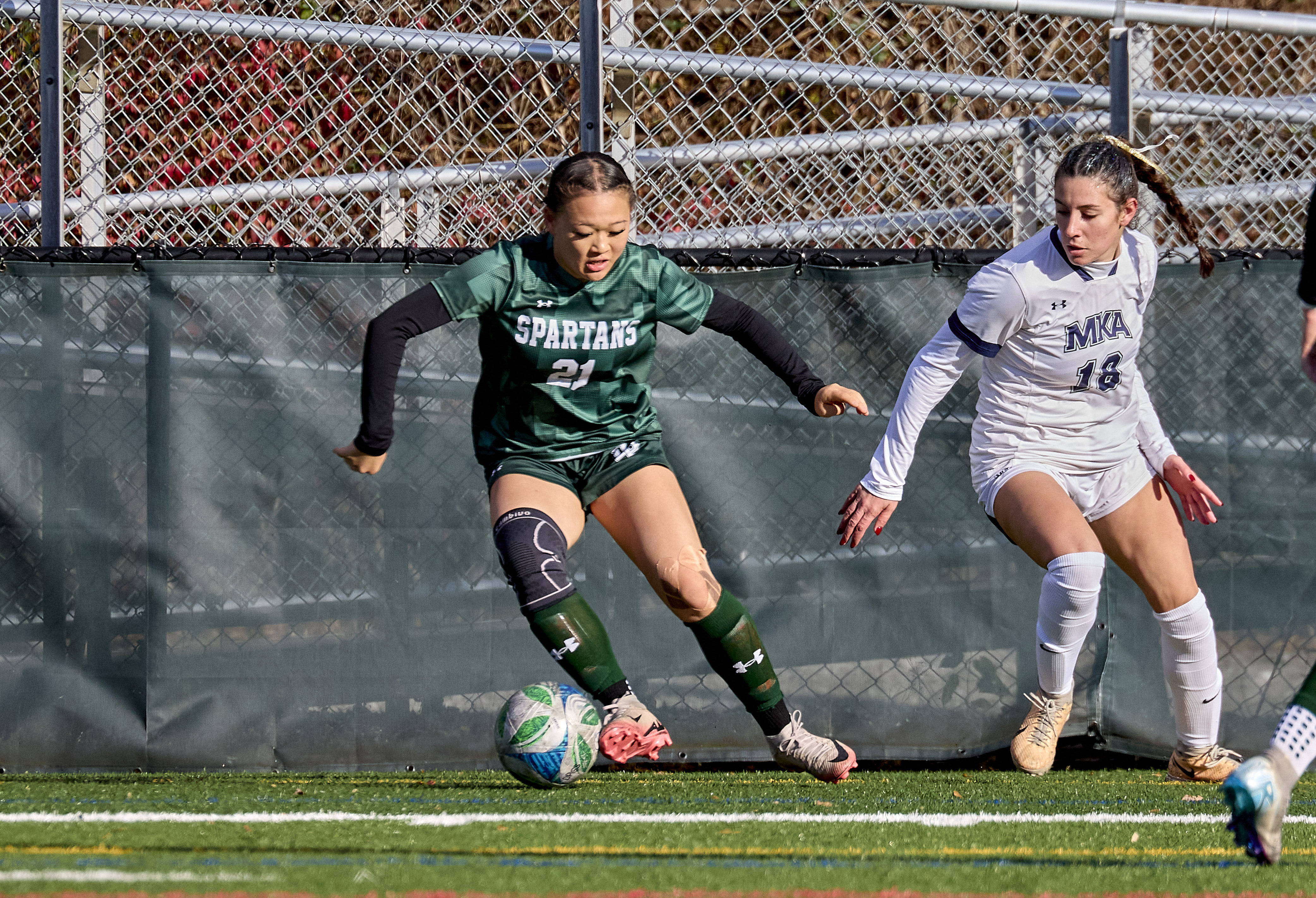 Leanne Sim (21) of DePaul Catholic controls the ball against Montclair Kimberley during the Girls North, NPB Final at DePaul Catholic High School in Wayne on Thursday, November 13, 2025.  