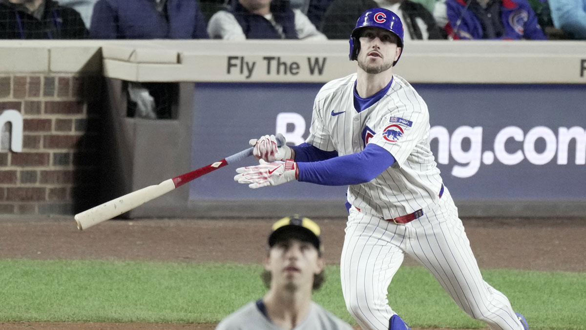 Chicago Cubs' Kyle Tucker (30) watches his solo home run off Milwaukee Brewers pitcher Robert Gasser (54) during the seventh inning during game four of the NLDS round for the 2025 MLB playoffs at Wrigley Field.