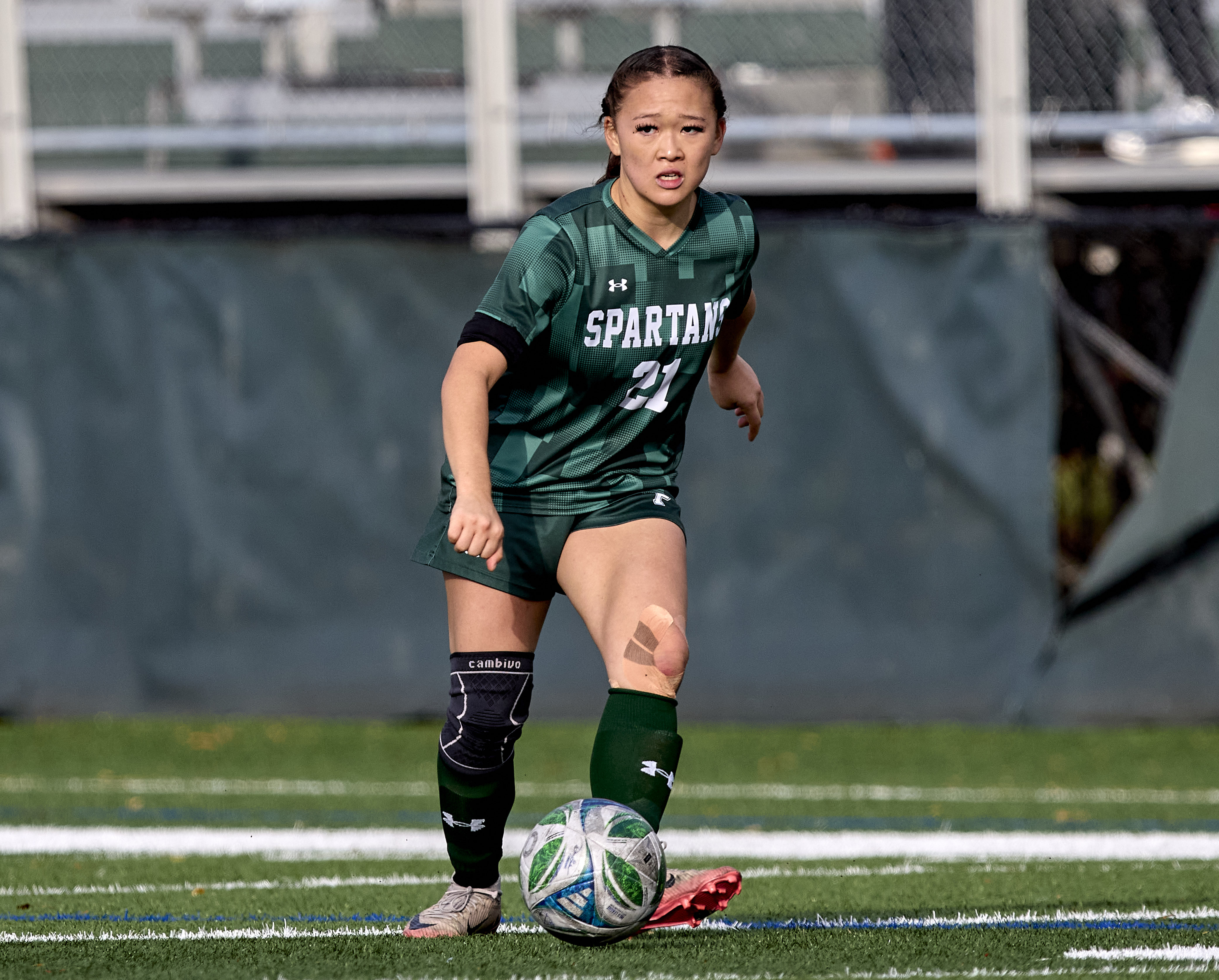Julianna Ortega (21) of DePaul Catholic passes the ball up field against Montclair Kimberley during the Girls North, NPB Final at DePaul Catholic High School in Wayne on Thursday, November 13, 2025.  