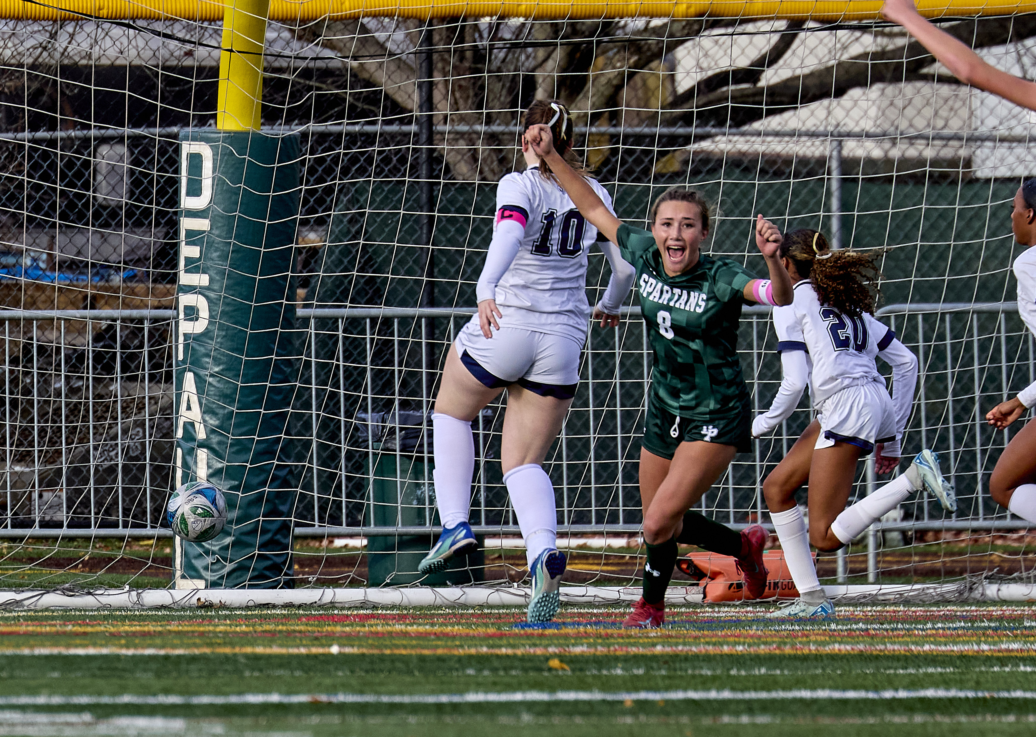 Tommi Valente (8) of DePaul Catholic reacts after scoring a goal against Montclair Kimberley during the Girls North, NPB Final at DePaul Catholic High School in Wayne on Thursday, November 13, 2025.  