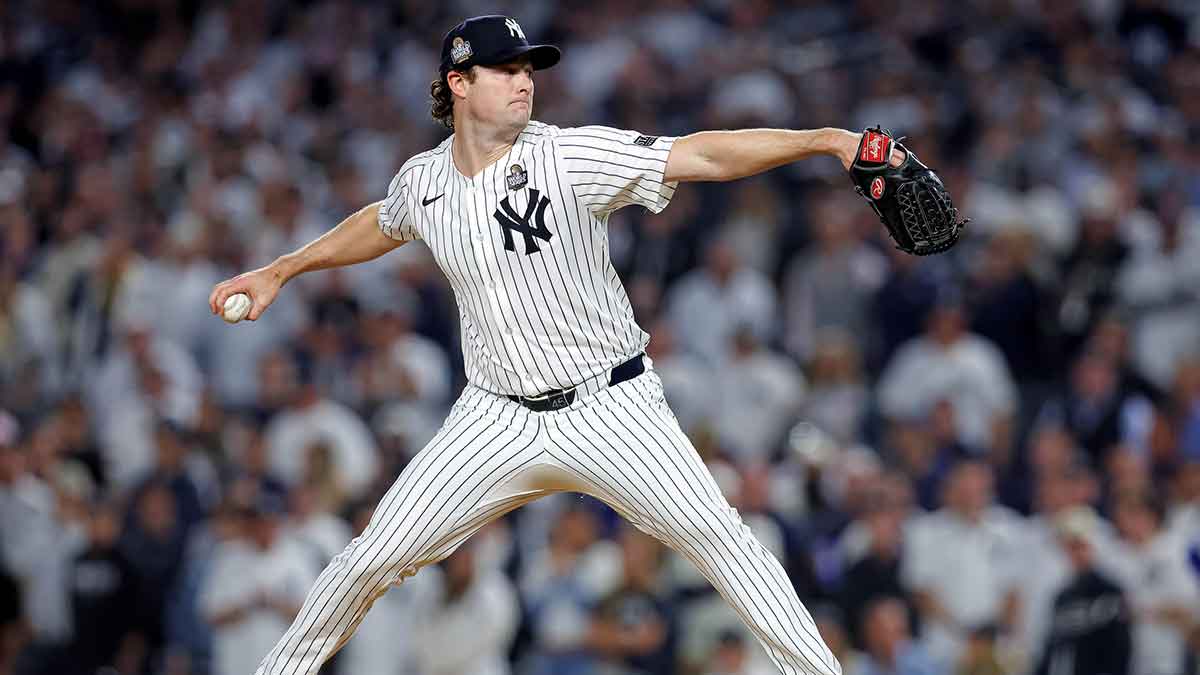 New York Yankees pitcher Gerrit Cole (45) pitches during the first inning against the Los Angeles Dodgers in game four of the 2024 MLB World Series at Yankee Stadium. 