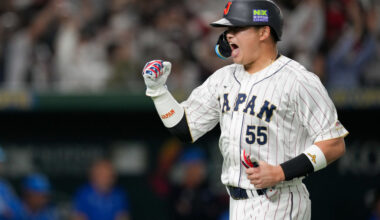 Munetaka Murakami of Team Japan celebrates during the 2023 World Baseball Classic in Tokyo.