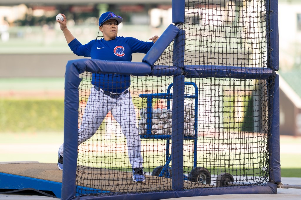 Rachel Folden of the Chicago Cubs throws batting practice before a game against the Cincinnati Reds at Wrigley Field on September 7, 2022 in Chicago, Illinois. 