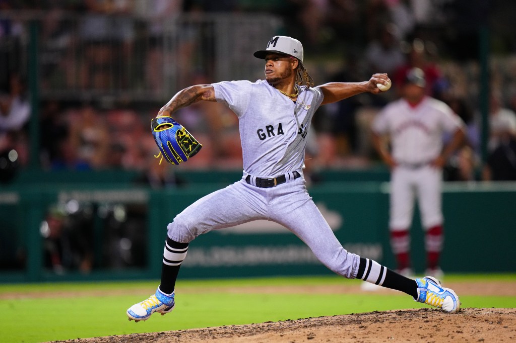Antonio Jimenez #6 of the Montgomery Biscuits pitches during the game between the Montgomery Biscuits and the Birmingham Barons at Rickwood Field  on Tuesday, June 18, 2024 in Birmingham, Alabama. 
