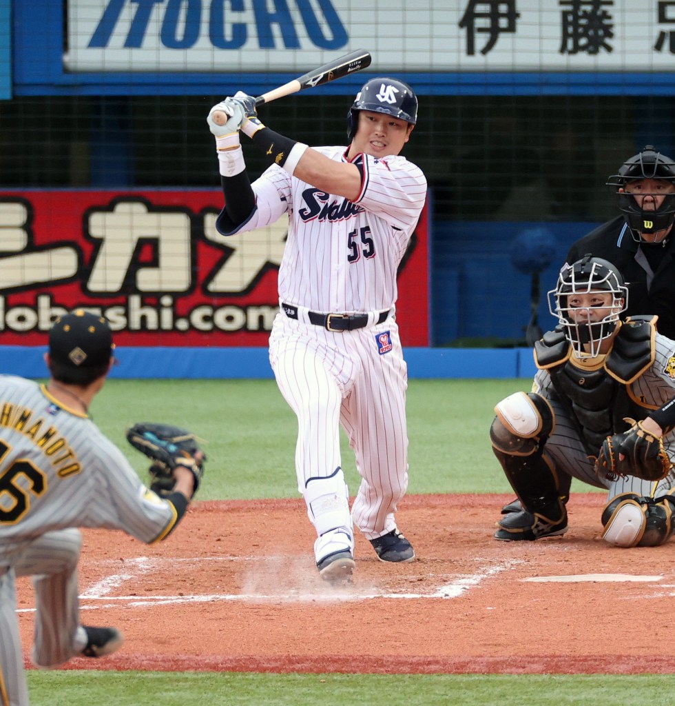 Munetaka Murakami of the Yakult Swallows grounds out in the 7th inning against Hanshin Tigers