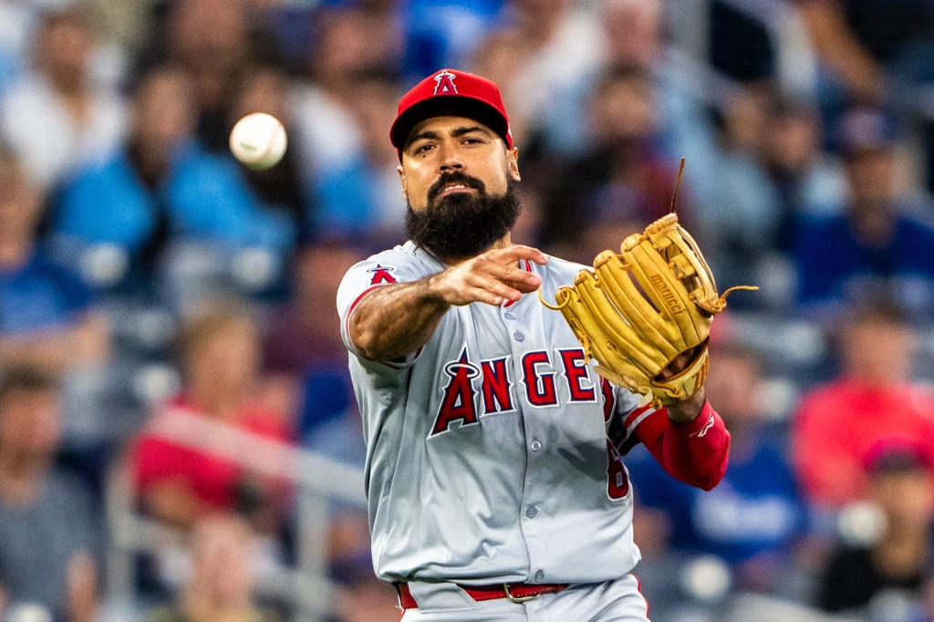 Anthony Rendon #6 of the Los Angeles Angels plays the ball to first base against the Toronto Blue Jays at Rogers Centre on August 22, 2024 in Toronto, Canada.