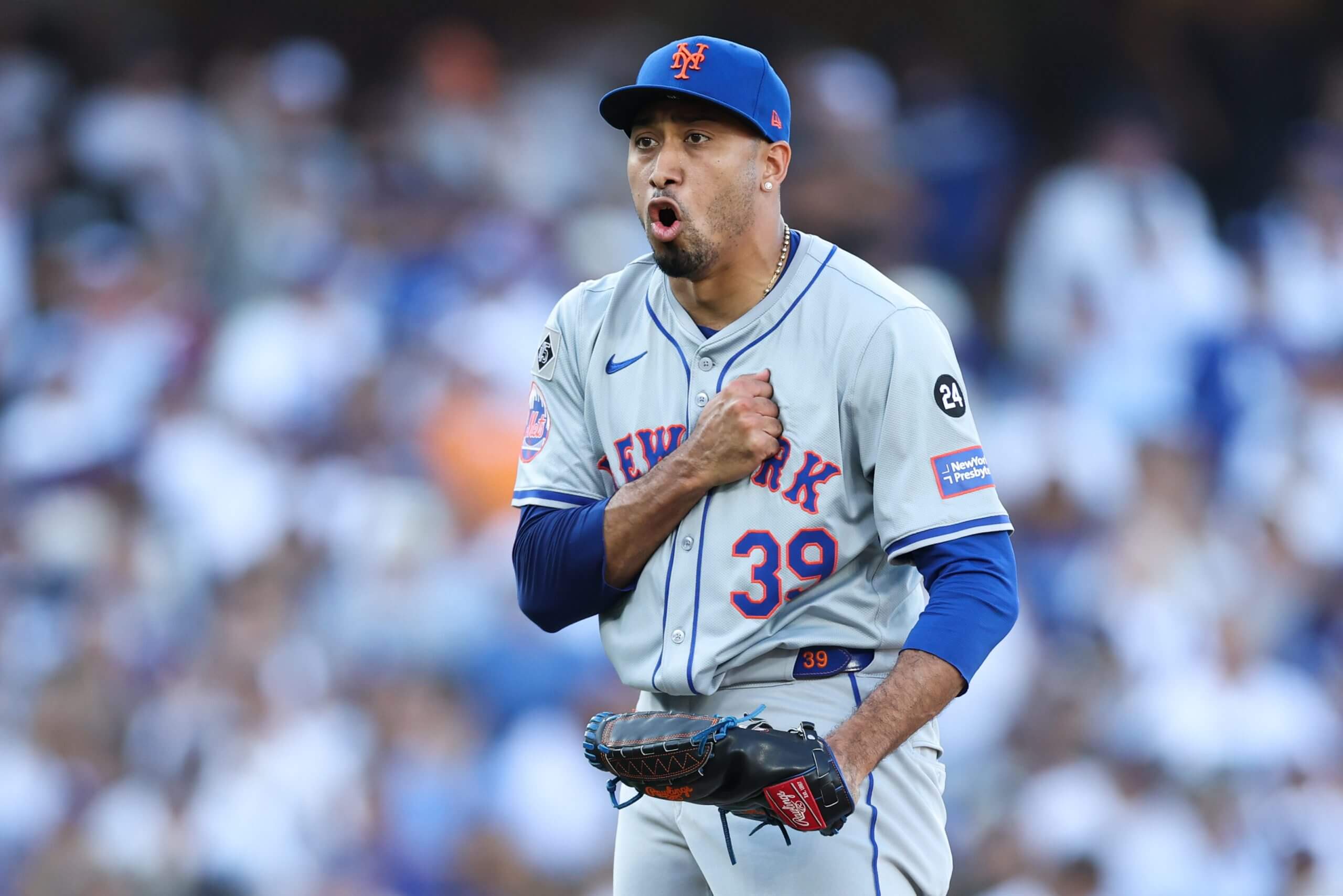 Edwin Díaz of the New York Mets celebrates the Mets' 7-3 win over the Los Angeles Dodgers during Game Two of the Championship Series at Dodger Stadium on October 14, 2024 in Los Angeles, California.