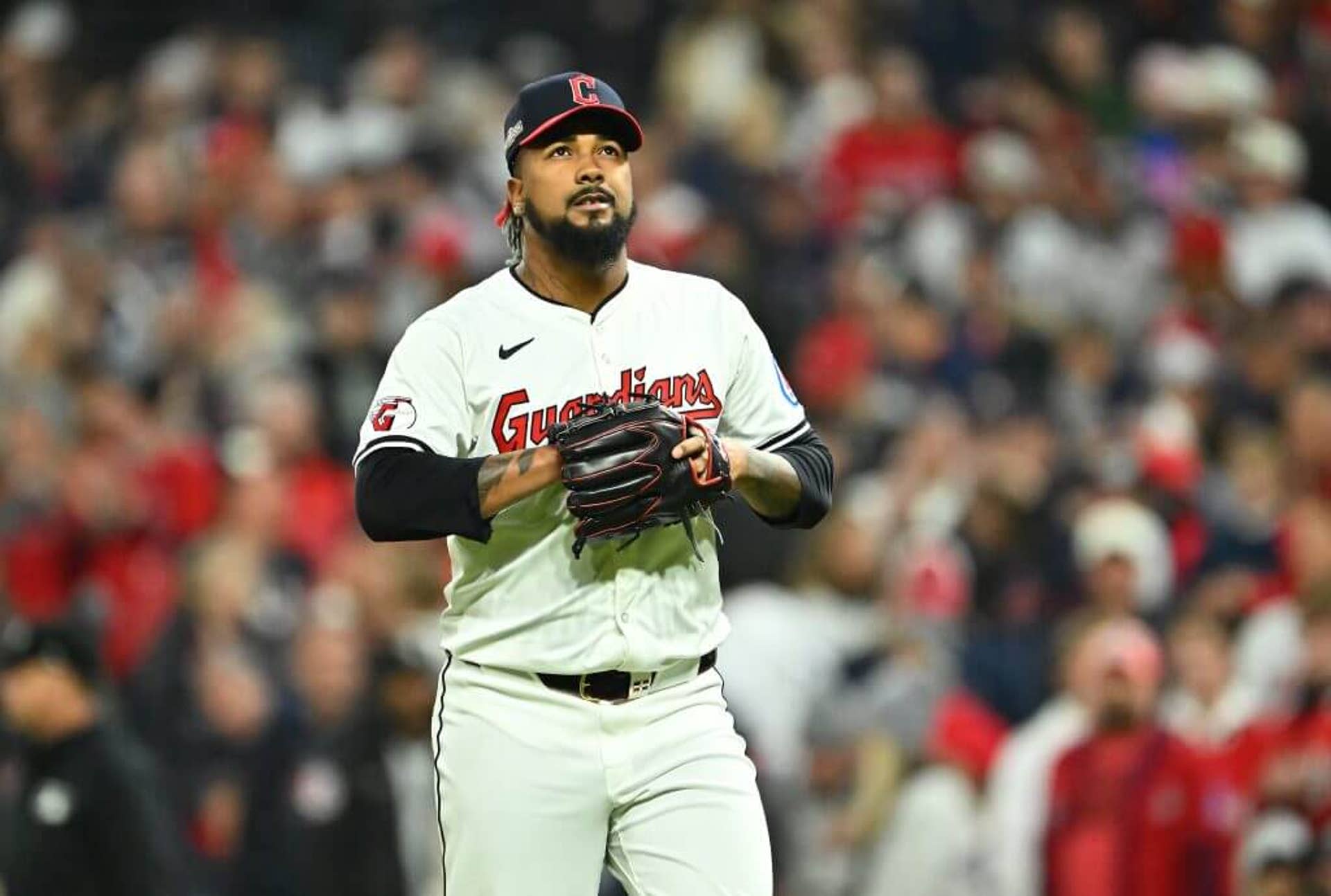 Emmanuel Clase #48 of the Cleveland Guardians reacts after recording the last out of the top of the ninth inning against the New York Yankees on Oct. 18, 2024 in Cleveland.