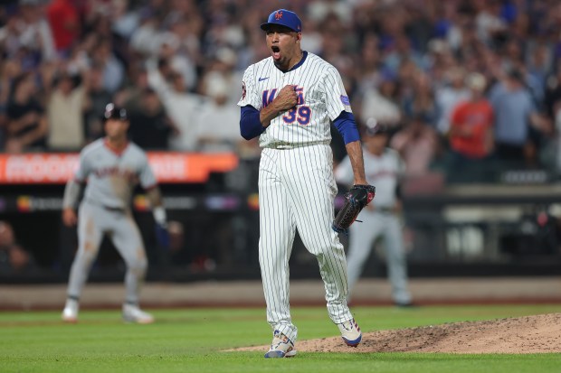 NEW YORK, NEW YORK - AUGUST 04: Edwin Díaz #39 of the New York Mets reacts after pitching a strikeout in the ninth inning against the Cleveland Guardians at Citi Field on August 04, 2025 in New York City. (Photo by Dustin Satloff/Getty Images)