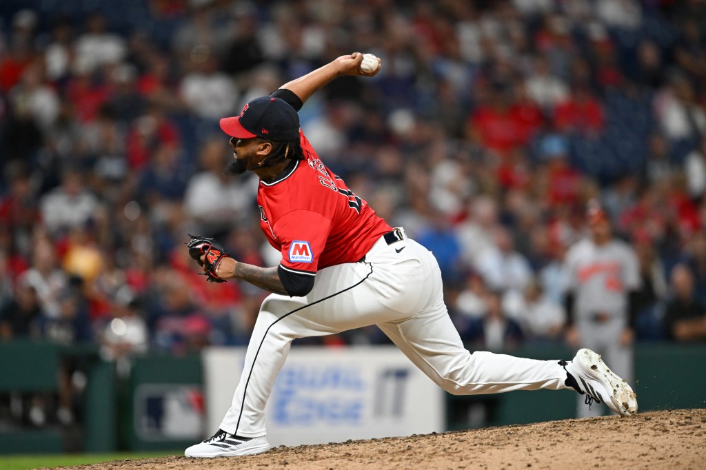 Emmanuel Clase throws a pitch during the ninth inning against the Baltimore Orioles at Progressive Field on July 22, 2025 in Cleveland, Ohio. 