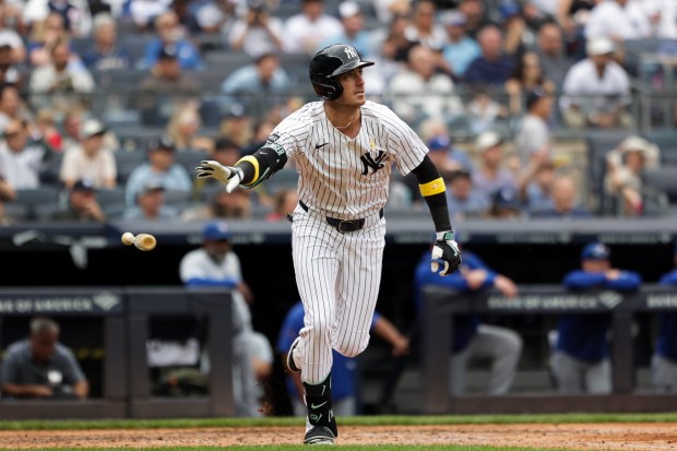 NEW YORK, NEW YORK - SEPTEMBER 07: Cody Bellinger #35 of the New York Yankees throws his bat after batting against the Toronto Blue Jays at Yankee Stadium on September 07, 2025 in New York City. (Photo by Kent J. Edwards/Getty Images)