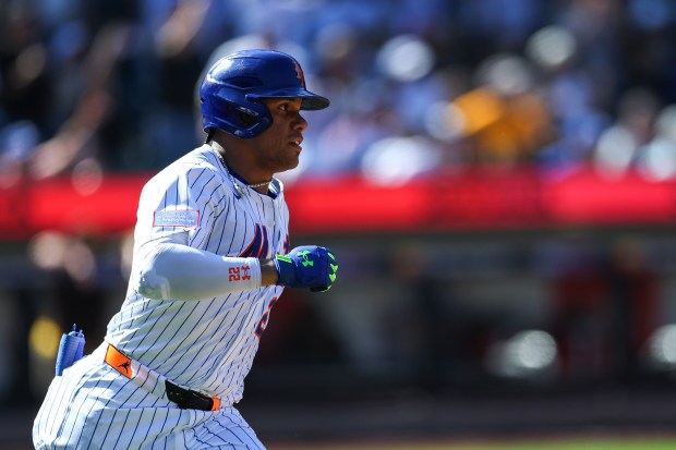 NEW YORK, NEW YORK - SEPTEMBER 18: Juan Soto #22 of the New York Mets looks on during the game against the San Diego Padres at Citi Field on September 18, 2025 in the Queens borough of New York City. (Photo by Ishika Samant/Getty Images)