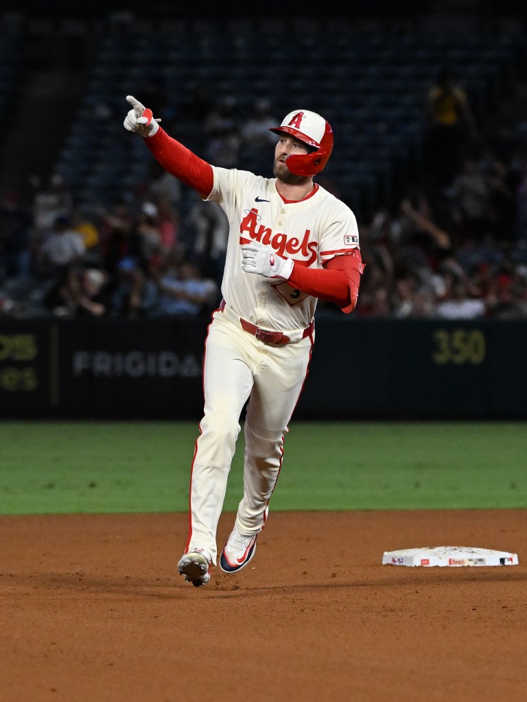  Los Angeles Angels left fielder Taylor Ward (3) reacts after hitting a solo home run during an MLB baseball game against the Kansas City Royals played on September 24, 2025 at Angel Stadium in Anaheim, CA. (