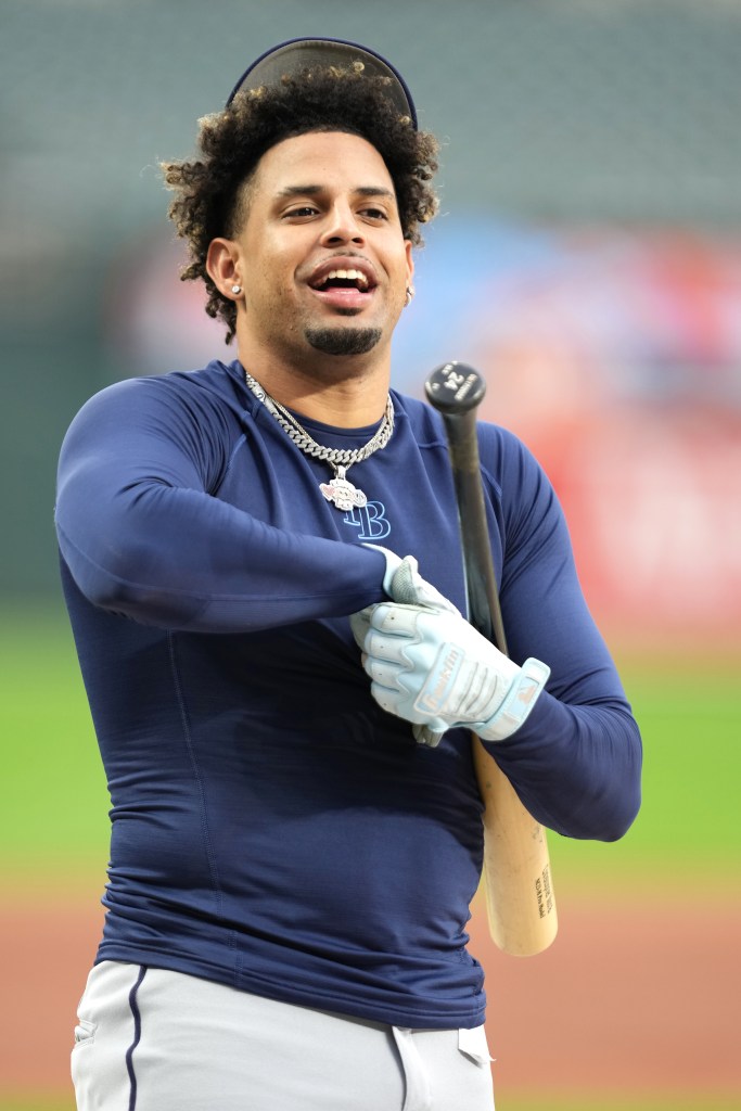 Everson Pereira #45 of the Tampa Bay Rays looks on during batting practice prior to a baseball game against the Baltimore Orioles at the Oriole Park at Camden Yards on September 23, 2025 in Baltimore, Maryland.  