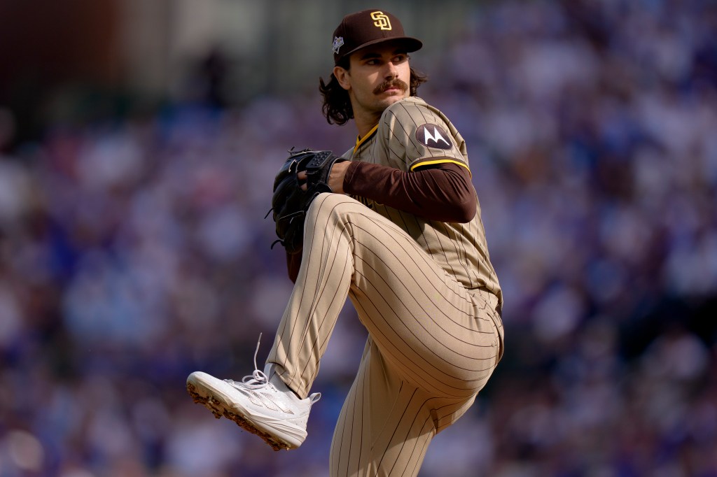  Dylan Cease #84 of the San Diego Padres pitches in Game Two of the National League Wild Card Game against the Chicago Cubs at Wrigley Field on October 1, 2025 in Chicago, Illinois.  