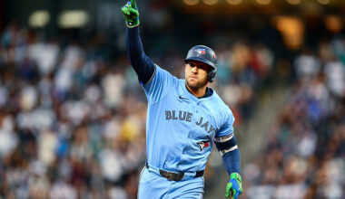 SEATTLE, WA - OCTOBER 15: George Springer #4 of the Toronto Blue Jays rounds the bases after hitting a solo home run in the fourth inning of Game Three of the American League Championship Series presented by loanDepot between the Toronto Blue Jays and the Seattle Mariners at T-Mobile Park on Wednesday, October 15, 2025 in Seattle, Washington.