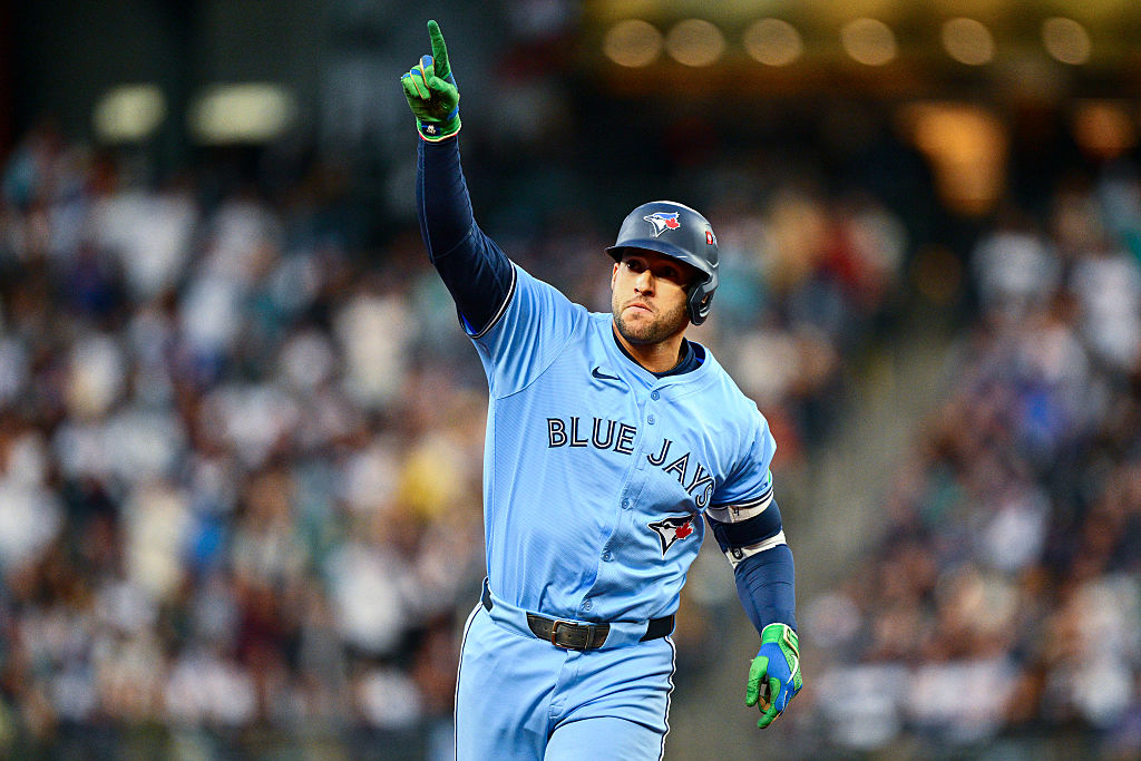 SEATTLE, WA - OCTOBER 15: George Springer #4 of the Toronto Blue Jays rounds the bases after hitting a solo home run in the fourth inning of Game Three of the American League Championship Series presented by loanDepot between the Toronto Blue Jays and the Seattle Mariners at T-Mobile Park on Wednesday, October 15, 2025 in Seattle, Washington.