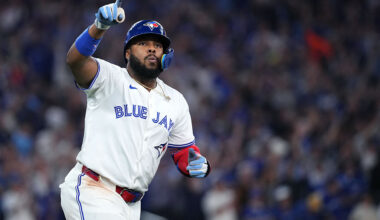 TORONTO, ONTARIO - OCTOBER 19: Vladimir Guerrero Jr. #27 of the Toronto Blue Jays rounds the bases after hitting a home run against the Seattle Mariners during the fifth inning in game six of the American League Championship Series at Rogers Centre on October 19, 2025 in Toronto, Ontario. (Photo by Mark Blinch/Getty Images)