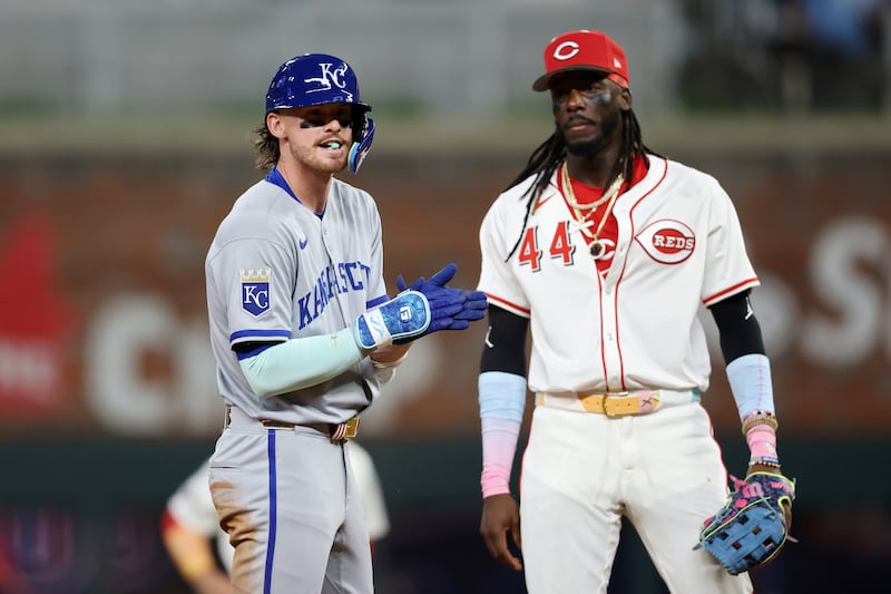 ATLANTA, GEORGIA - JULY 15: Bobby Witt Jr. #7 of the Kansas City Royals reacts in front of Elly De La Cruz #44 of the Cincinnati Reds after hitting a double during the ninth inning of the MLB All-Star Game at Truist Park on July 15, 2025 in Atlanta, Georgia. (Photo by Kevin C. Cox/Getty Images)