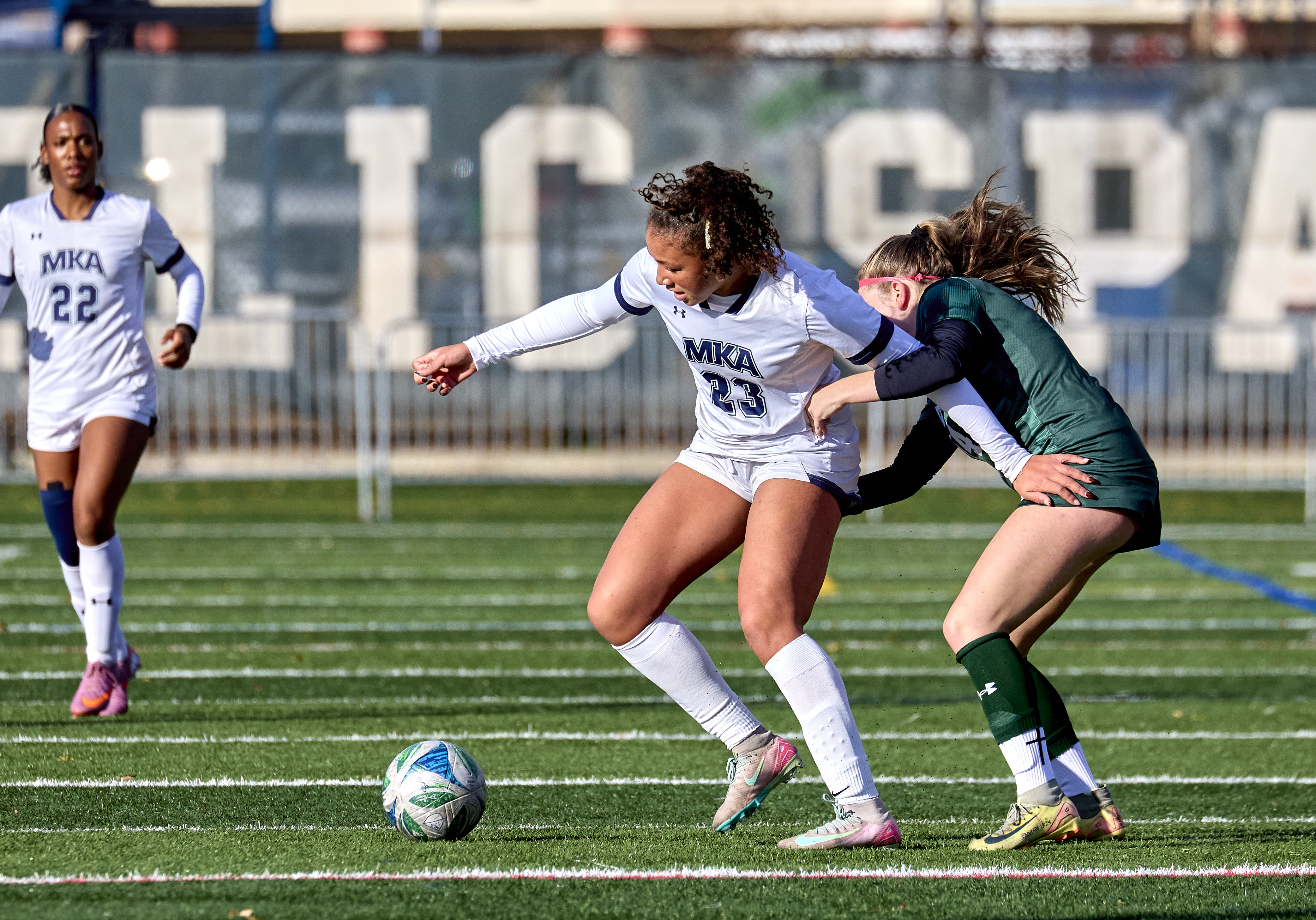 Sloane Dawes (23) of Montclair Kimberley battles Bao DeLorenzo (14) of DePaul Catholic for control of the ball during the Girls North, NPB Final at DePaul Catholic High School in Wayne on Thursday, November 13, 2025.  