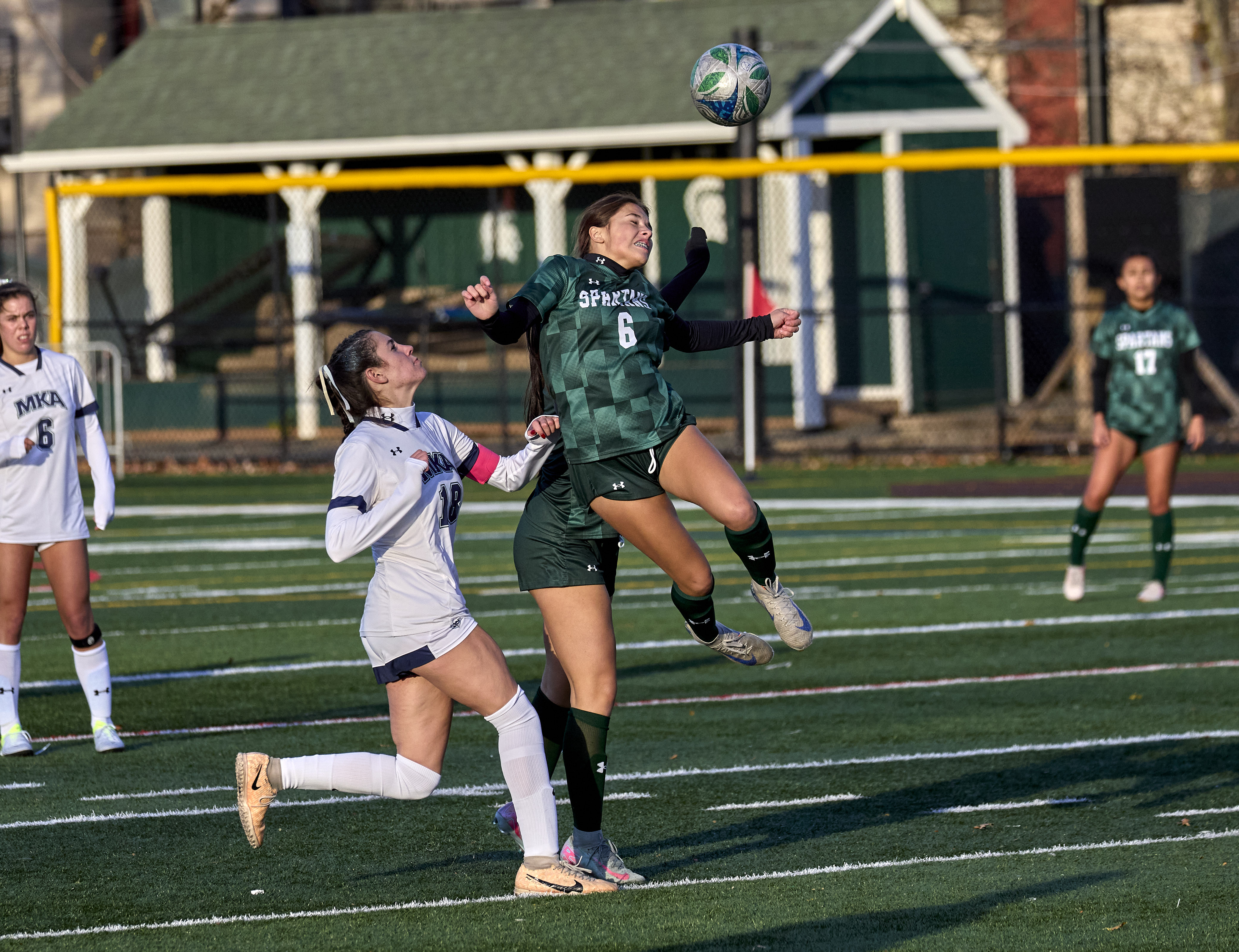 Oliva McHugh (6) of DePaul Catholic goes for a header against Montclair Kimberley during the Girls North, NPB Final at DePaul Catholic High School in Wayne on Thursday, November 13, 2025.  