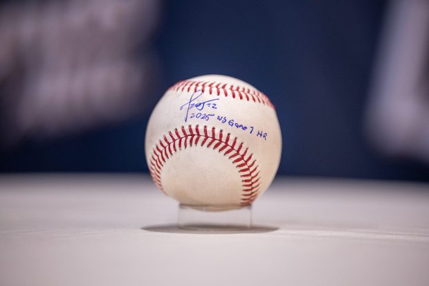 The home run ball hit by Los Angeles Dodgers player...