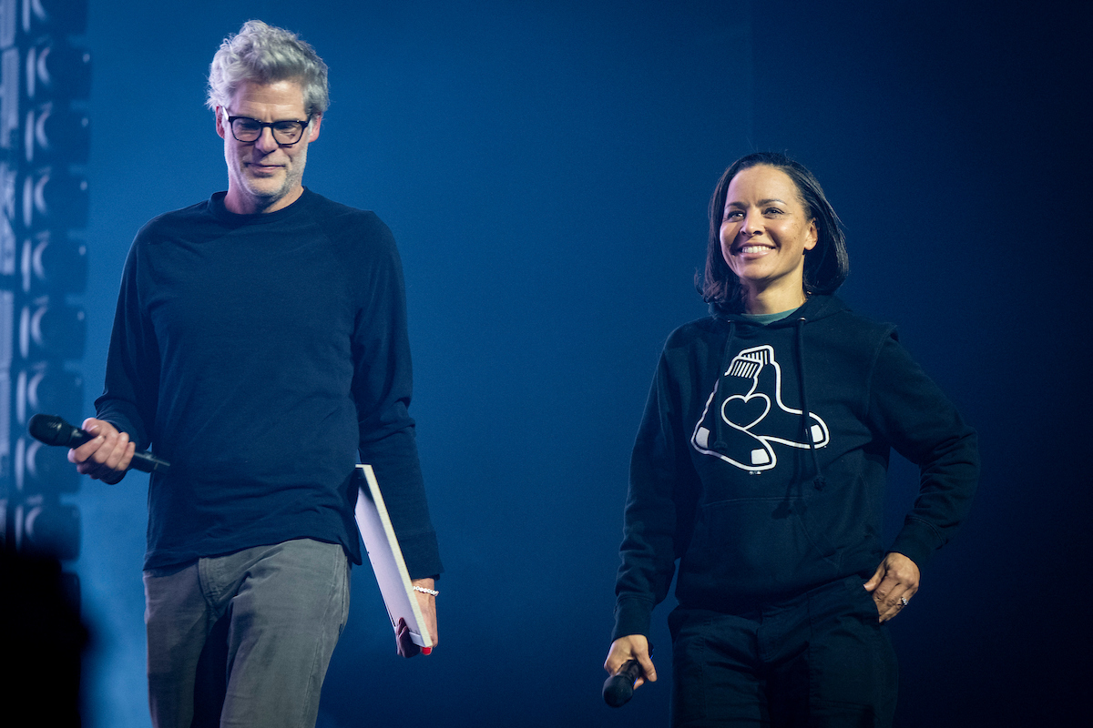 November 20, 2025, Boston, MA: Jeb Gutelius of the Busyhead Project and Red Sox Executive Vice President of Social impact and Red Sox Foundation Executive Director Rebekah Salwasser speak ahead of during a Noah Kahan benefit concert for the Busyhead Project and Red Sox Foundation at MGM Music Hall in Boston, Massachusetts Thursday, November 20, 2025.  
(Photo by Rachel O’Driscoll/Boston Red Sox)