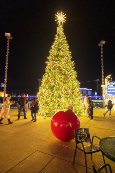 Christmas tree and Christmas ornament seen during Illumination at Coca Cola Park in the Lehigh Valley