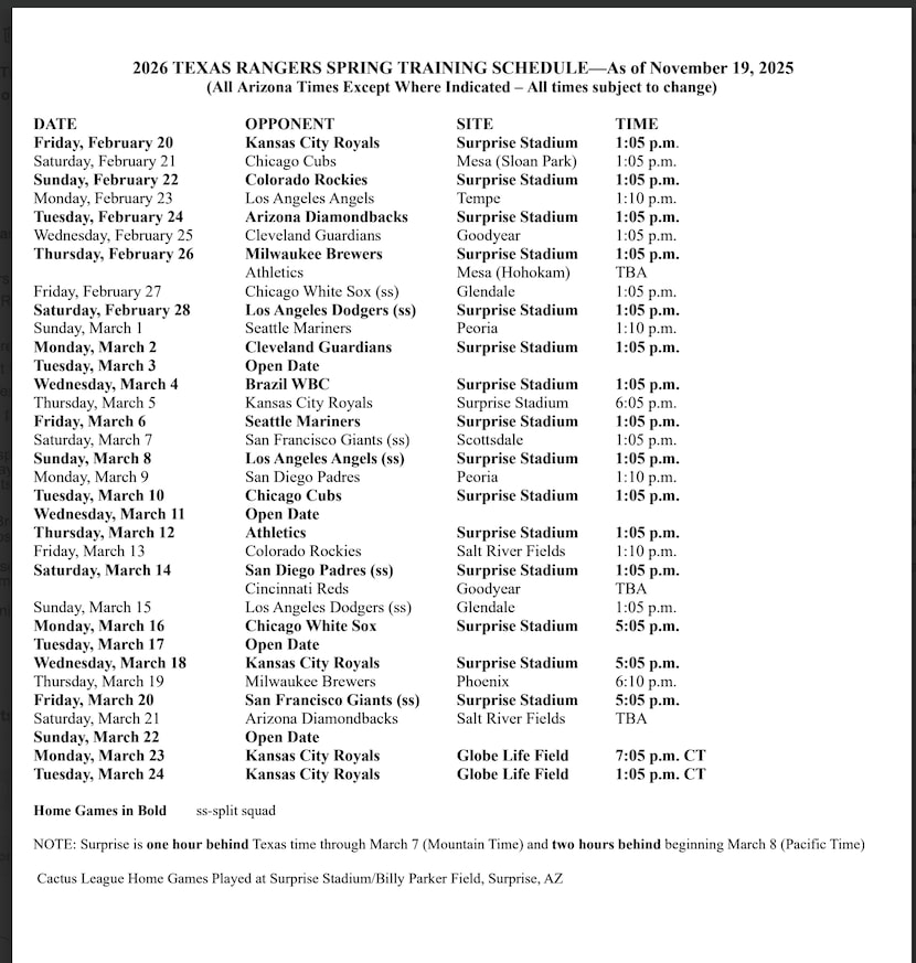 The Texas Rangers' spring training schedule for 2026.