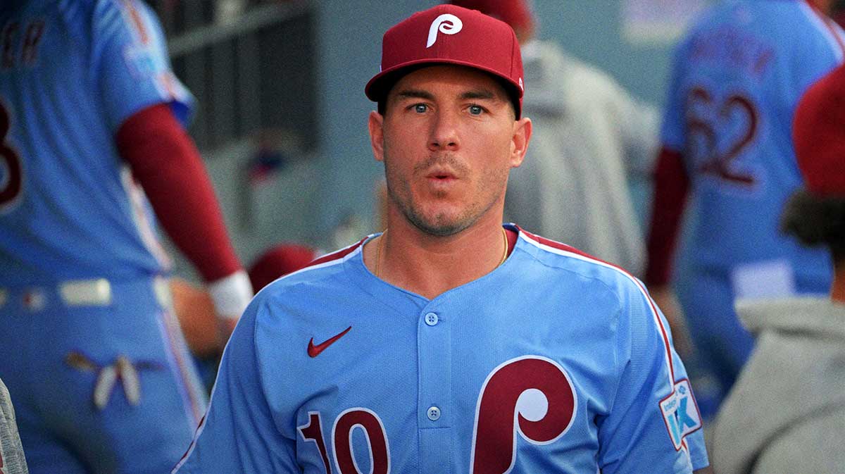 Philadelphia Phillies catcher J.T. Realmuto (10) in the dugout during game three of the NLDS of the 2025 MLB playoffs against the Los Angeles Dodgers at Dodger Stadium.