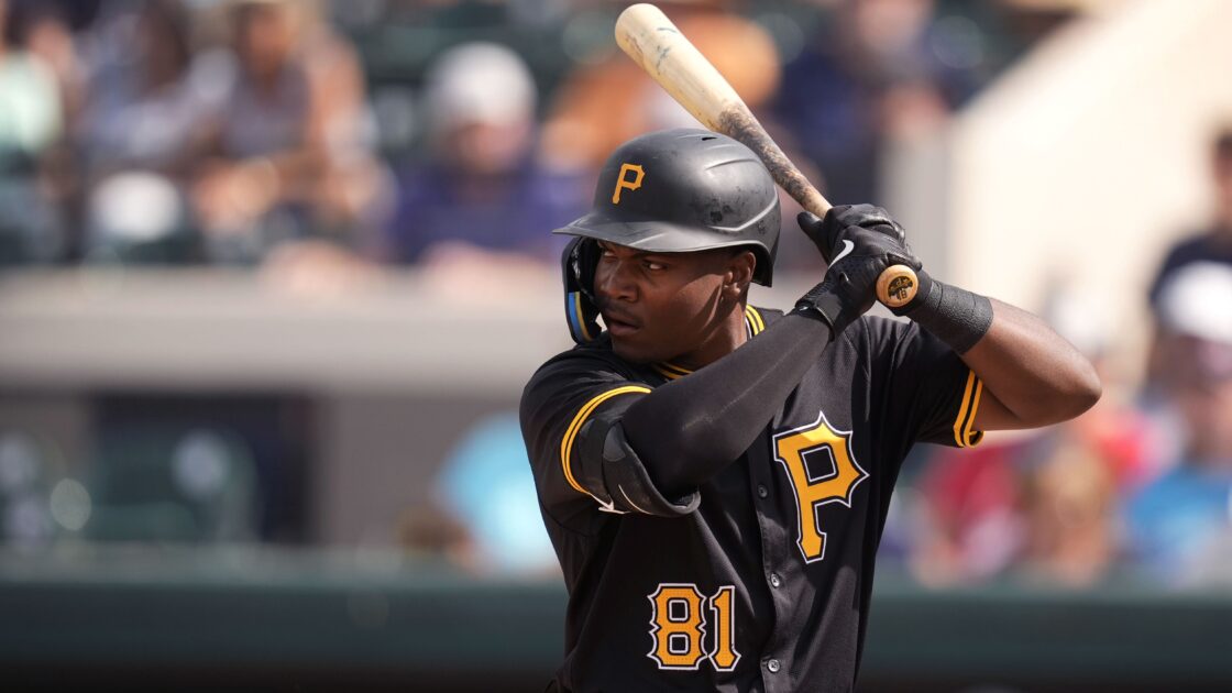 Pittsburgh Pirates second baseman Termarr Johnson bats during the seventh inning of a spring training baseball game against the Detroit Tigers Saturday, March 9, 2024, in Lakeland, Fla. (AP Photo/Charlie Neibergall)