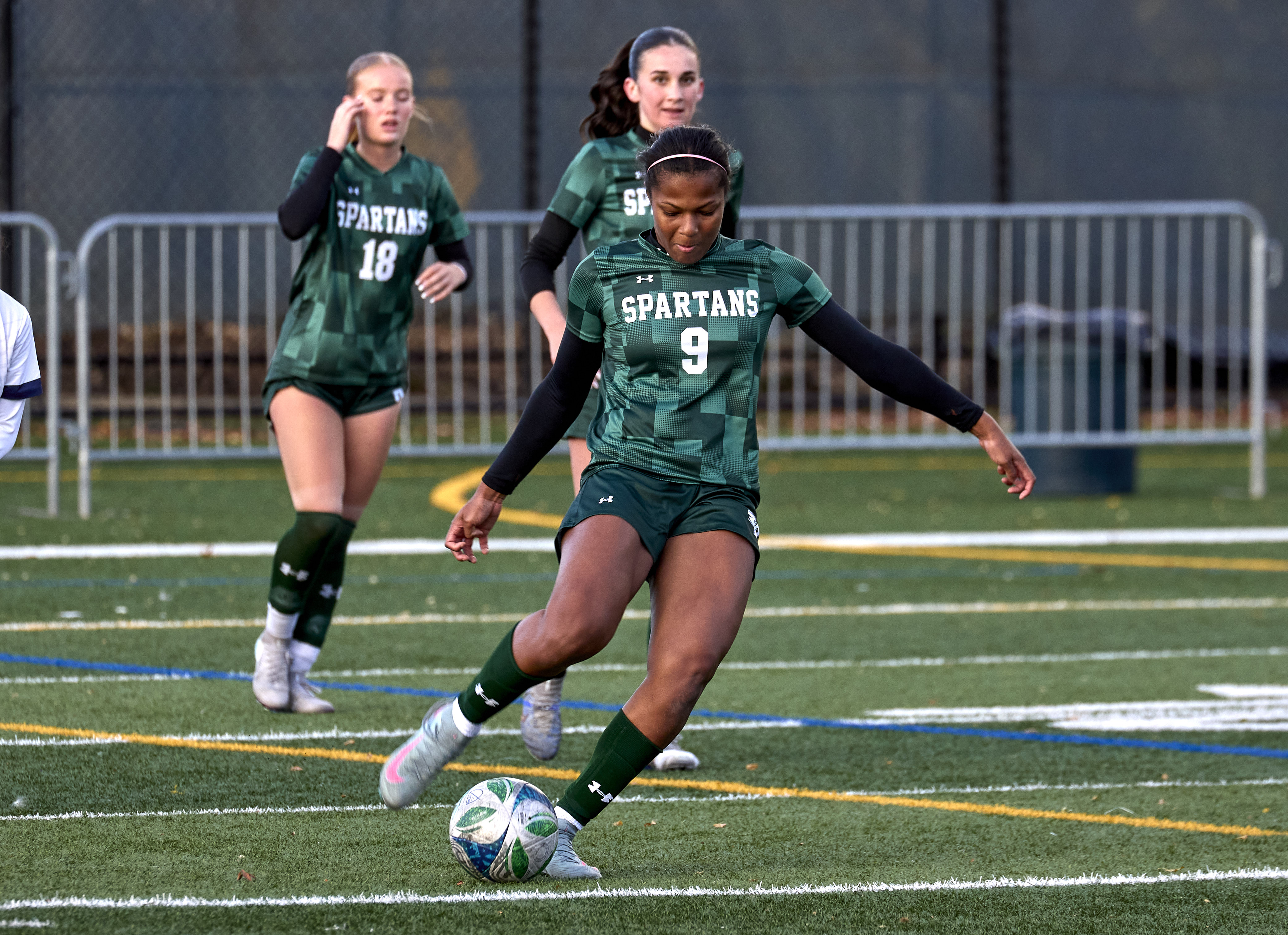 Giovanna Burress (9) of DePaul Catholic makes a pass up field against Montclair Kimberley during the Girls North, NPB Final at DePaul Catholic High School in Wayne on Thursday, November 13, 2025.  