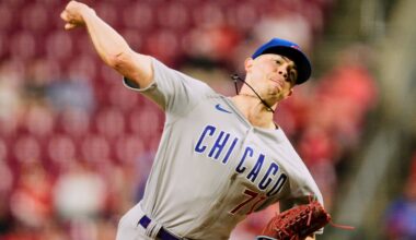 Chicago Cubs relief pitcher Keegan Thompson (71) plays against the Cincinnati Reds in a baseball game in Cincinnati, April 3, 2023.
