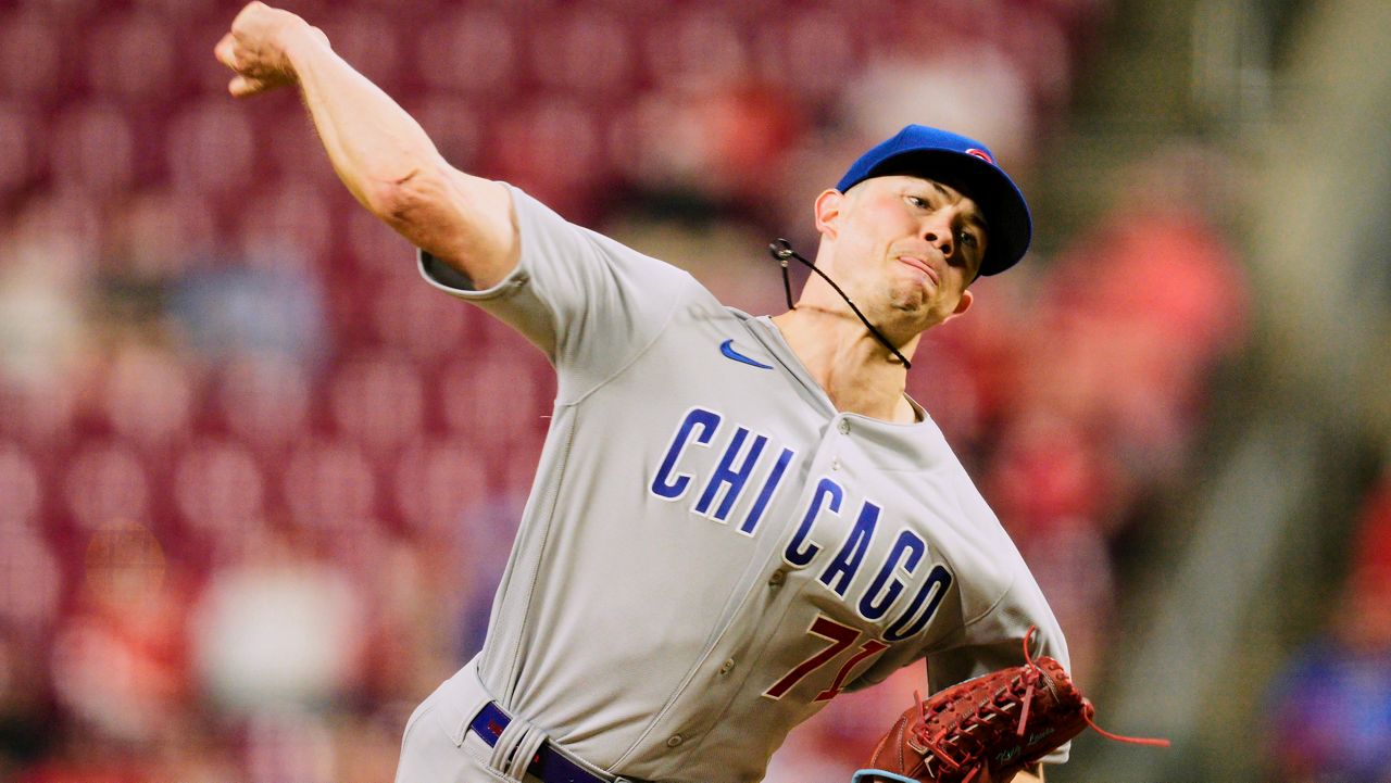 Chicago Cubs relief pitcher Keegan Thompson (71) plays against the Cincinnati Reds in a baseball game in Cincinnati, April 3, 2023.