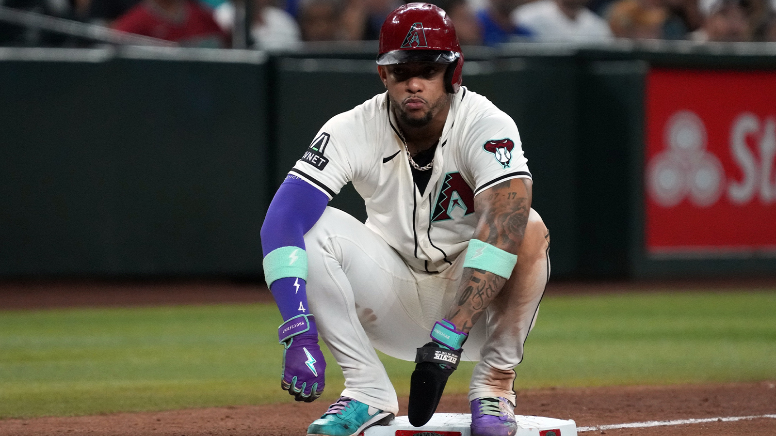 Arizona Diamondbacks second base Ketel Marte (4) sits on the base against the Los Angeles Dodgers in the first inning at Chase Field.
