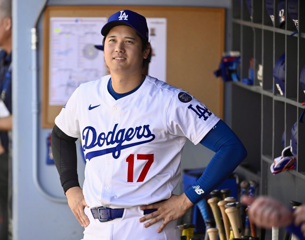 Dodgers star Shohei Ohtani stands in the dugout before Game 3 of the National League Championship Series against the Milwaukee Brewers on Thursday, Oct. 16, 2025, at Dodger Stadium. (Photo by Keith Birmingham, Pasadena Star-News/SCNG)