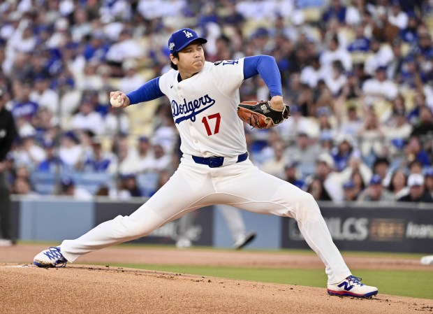 Dodgers starting pitcher Shohei Ohtani throws to the plate during the first inning of Game 4 of the National League Championship Series against the Milwaukee Brewers on Friday, Oct. 17, 2025, at Dodger Stadium. (Photo by Keith Birmingham, Pasadena Star-News/SCNG)