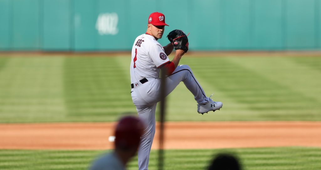 WASHINGTON, DC - MARCH 27: MacKenzie Gore #1 of the Washington Nationals pitches during the game between the Philadelphia Phillies and the Washington Nationals at Nationals Park on Thursday, March 27, 2025 in Washington, District of Columbia. (Photo by Rob Tringali/MLB Photos via Getty Images)