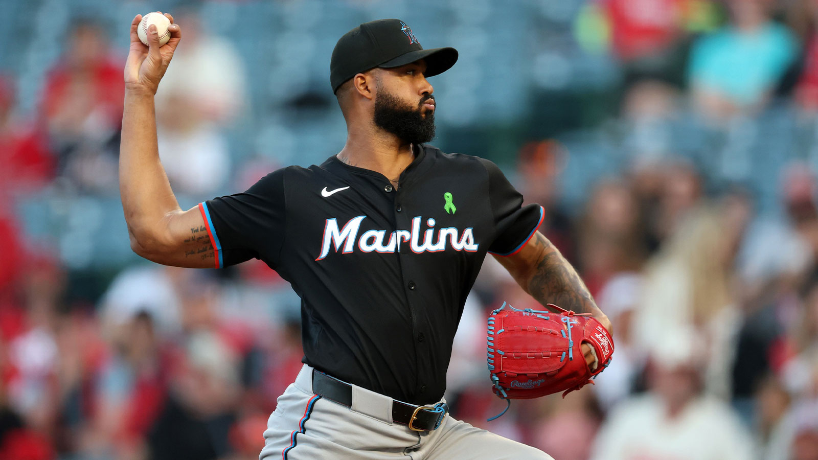 Miami Marlins starting pitcher Sandy Alcantara (22) pitches during the second inning against the Los Angeles Angels at Angel Stadium.