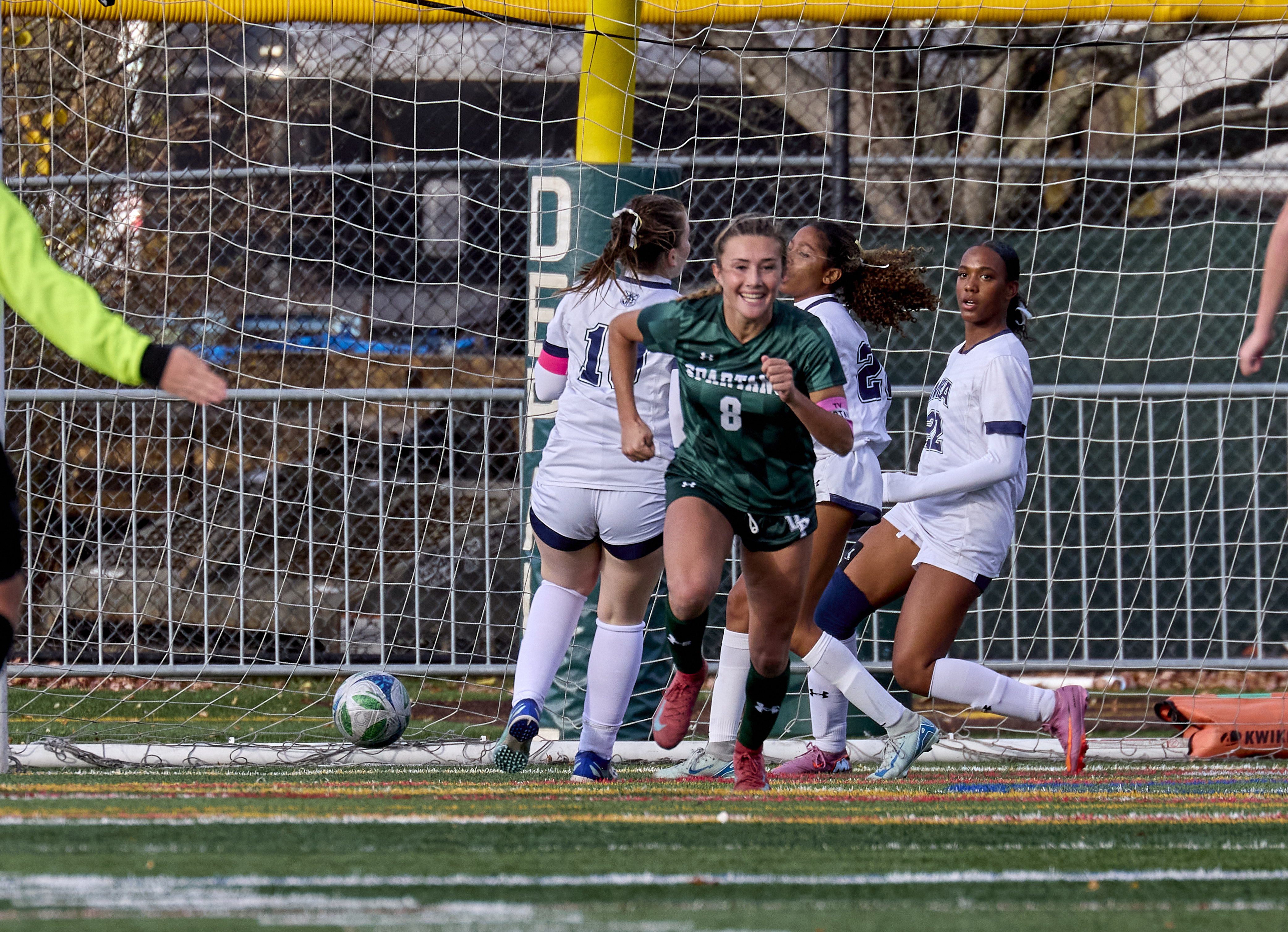 Tommi Valente (8) of DePaul Catholic reacts after scoring a goal against Montclair Kimberley during the Girls North, NPB Final at DePaul Catholic High School in Wayne on Thursday, November 13, 2025.  