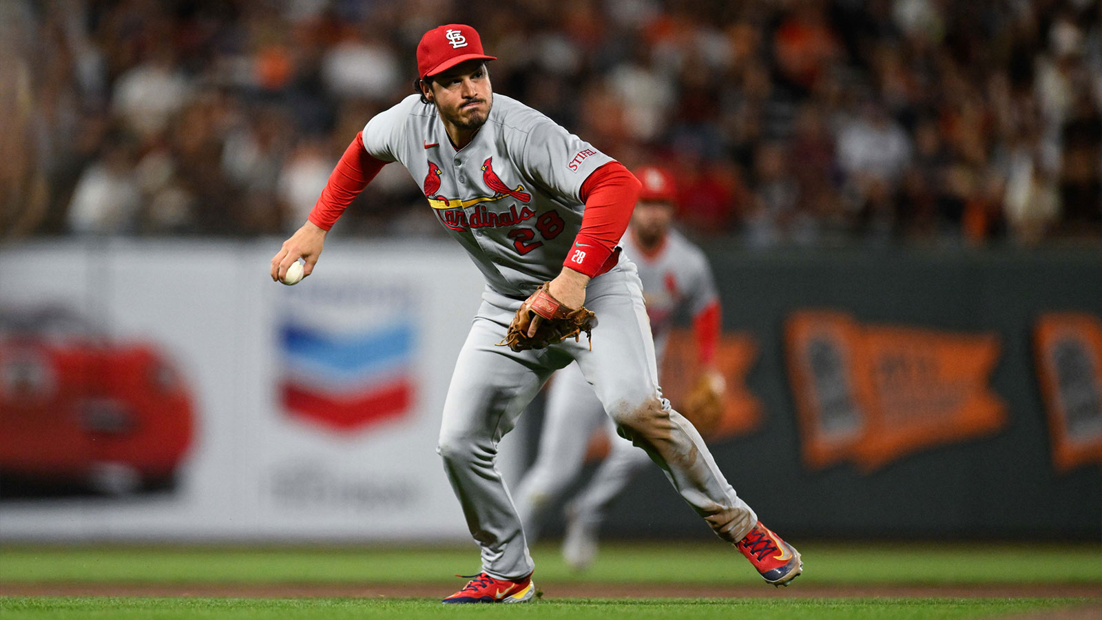 St. Louis Cardinals third baseman Nolan Arenado (28) throws to first base for an out against the San Francisco Giants during the fourth inning at Oracle Park. 