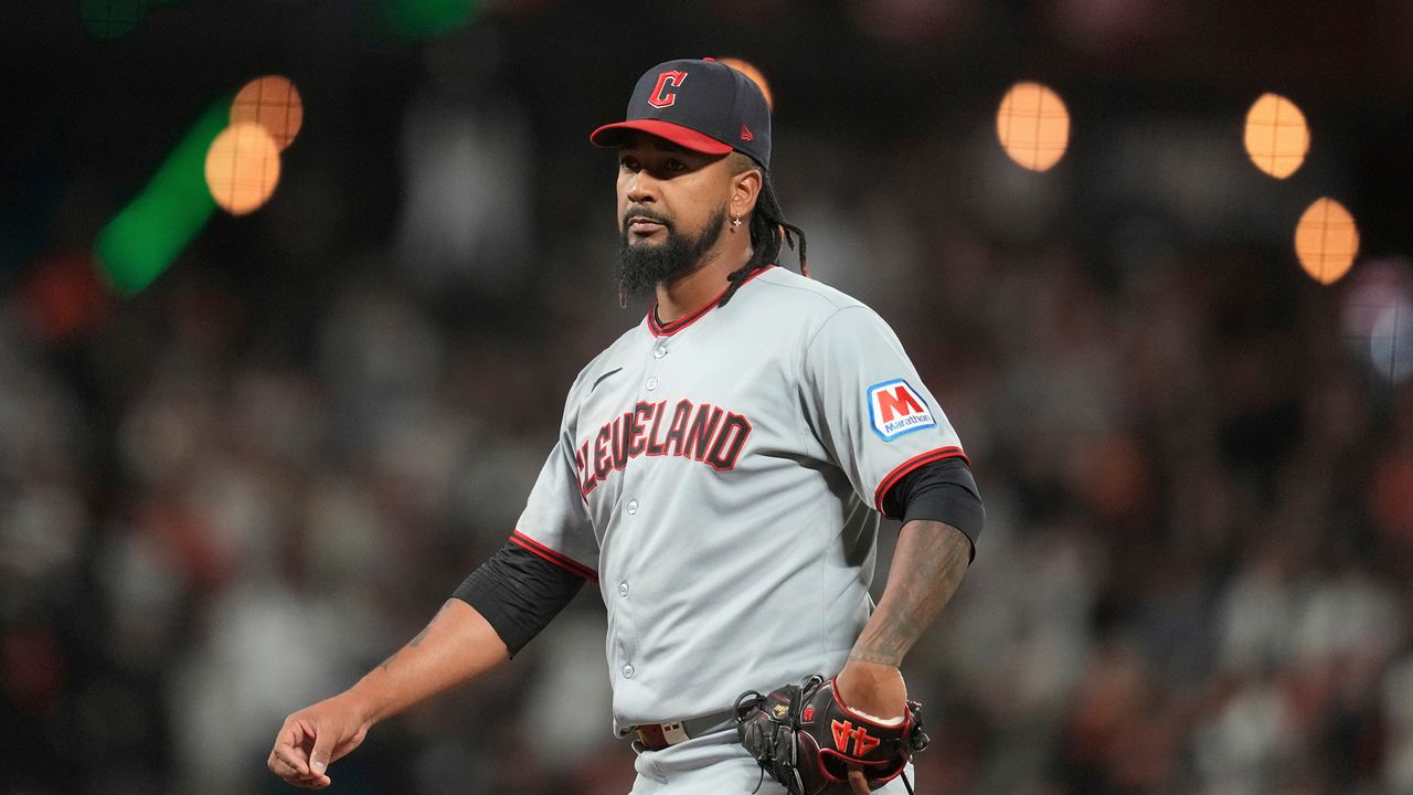 Cleveland Guardians pitcher Emmanuel Clase during a baseball game against the San Francisco Giants, in San Francisco, June 17, 2025. (AP Photo/Jeff Chiu, file)