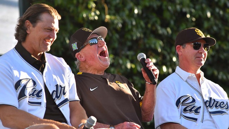 Former Padre Randy Jones laughs during an interview with Trevor Hoffman (left) and Mark Loretta. Photo by Chris Stone