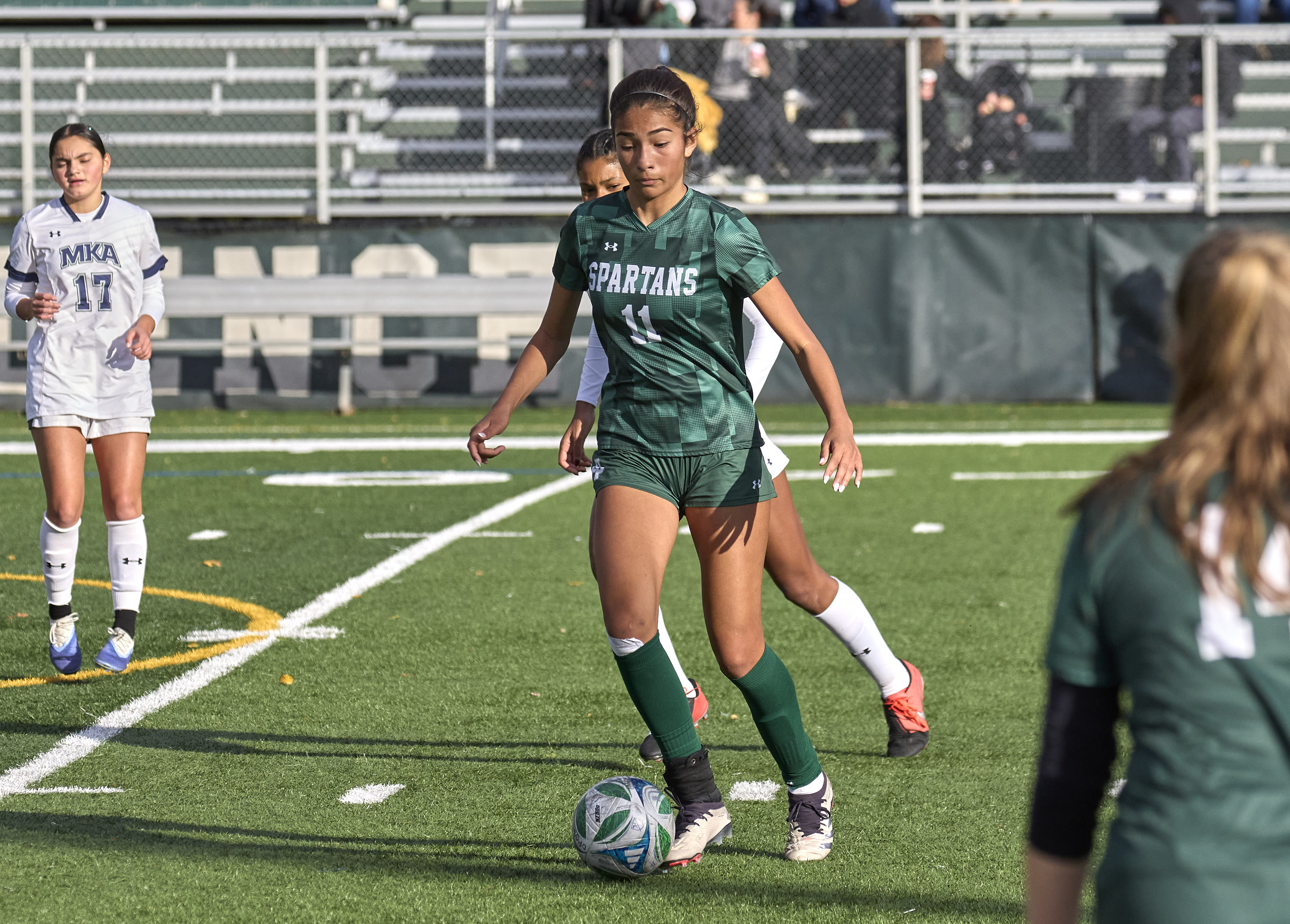 Sofia Pilgrim (11) of DePaul Catholic controls the ball against Montclair Kimberley during the Girls North, NPB Final at DePaul Catholic High School in Wayne on Thursday, November 13, 2025.  