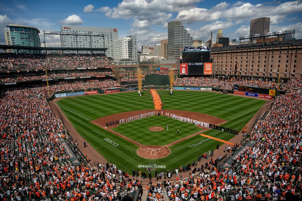 Baltimore Orioles starters are introduced prior to the Orioles 2025 home opener against the Boston Red Sox on Monday, March 31, 2025.