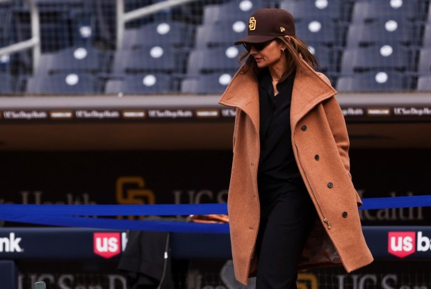 Sheel Seidler, widow of former Padres owner Peter Seidler, walks on the field before the Padres game against the Colorado Rockies at Petco Park on Friday, April 11, 2025 in San Diego, CA.(Meg McLaughlin / The San Diego Union-Tribune)