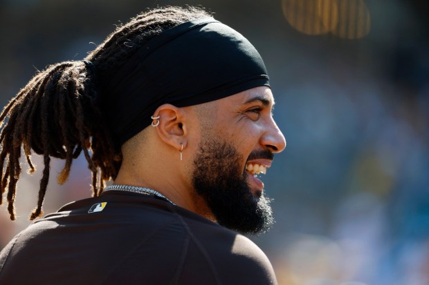 Fernando Tatis Jr. #23 of the San Diego Padres looks on during a game against the Arizona Diamondbacks at Petco Park on Sept. 28, 2025 in San Diego, California. (K.C. Alfred / The San Diego Union-Tribune)