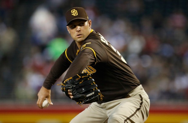 Starting pitcher Craig Stammen #34 of the San Diego Padres throws against the Arizona Diamondbacks during the first inning of the MLB game at Chase Field on Aug. 15, 2021 in Phoenix, Arizona. (Photo by Ralph Freso/Getty Images)