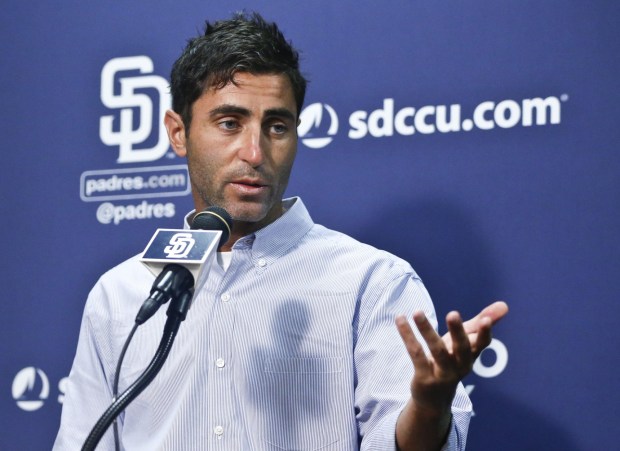 Padres general manager A.J. Preller answers questions about the trading of all-star pitcher Drew Pomeranz to the Boston Red Sox prior to a baseball game against the San Francisco Giants Friday, July 15, 2016, in San Diego. (Lenny Ignelzi, Associated Press)